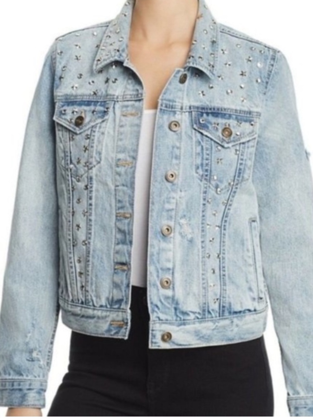 Sunset + Spring star & rhinestone embellished jean jacket - Small